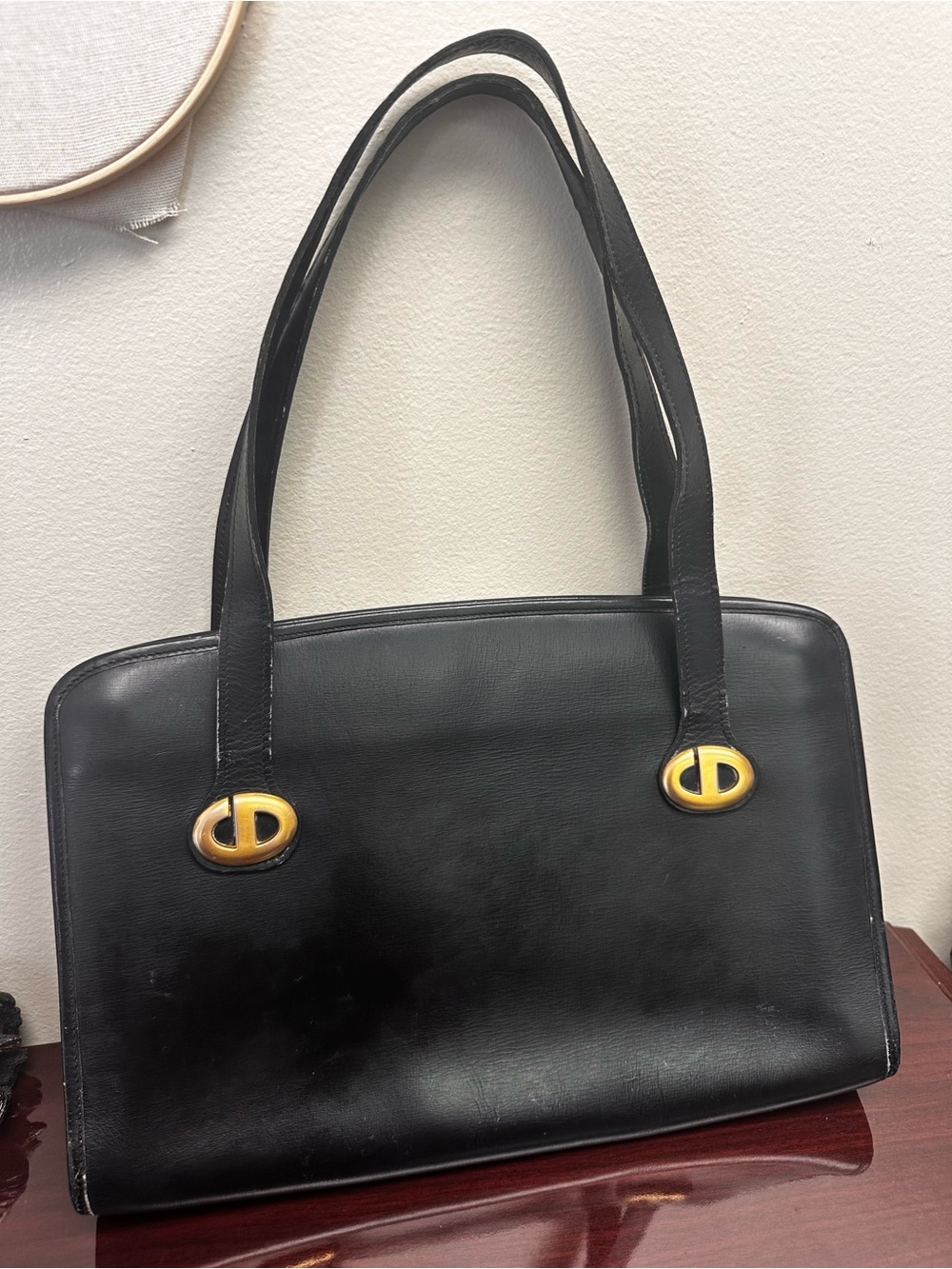 Vintage (1980s) Dior Black Leather Shoulder Bag with Gold CD Hardware